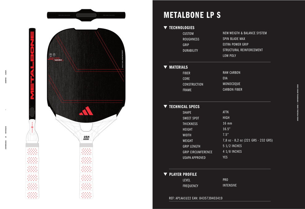adidas METALBONE LP S 16mm UPA-A Carbon Fiber Pickleball Paddle