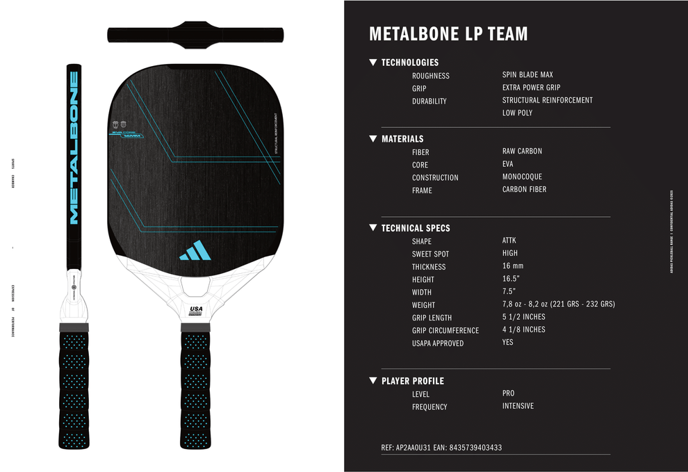 Adidas METALBONE LP Team 16mm UPA-A Carbon Fiber Pickleball Paddle