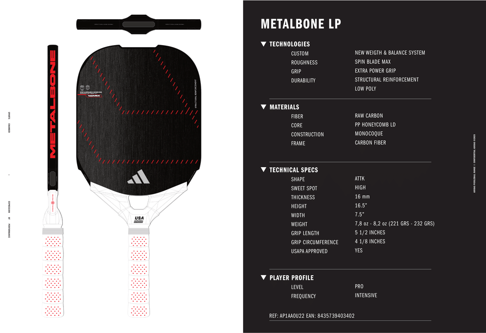 adidas METALBONE LP 16mm Carbon Fiber Pickleball Paddle