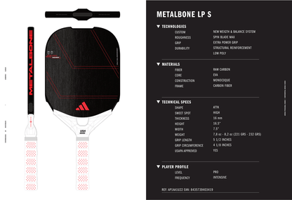 adidas METALBONE LP S 16mm UPA-A Carbon Fiber Pickleball Paddle